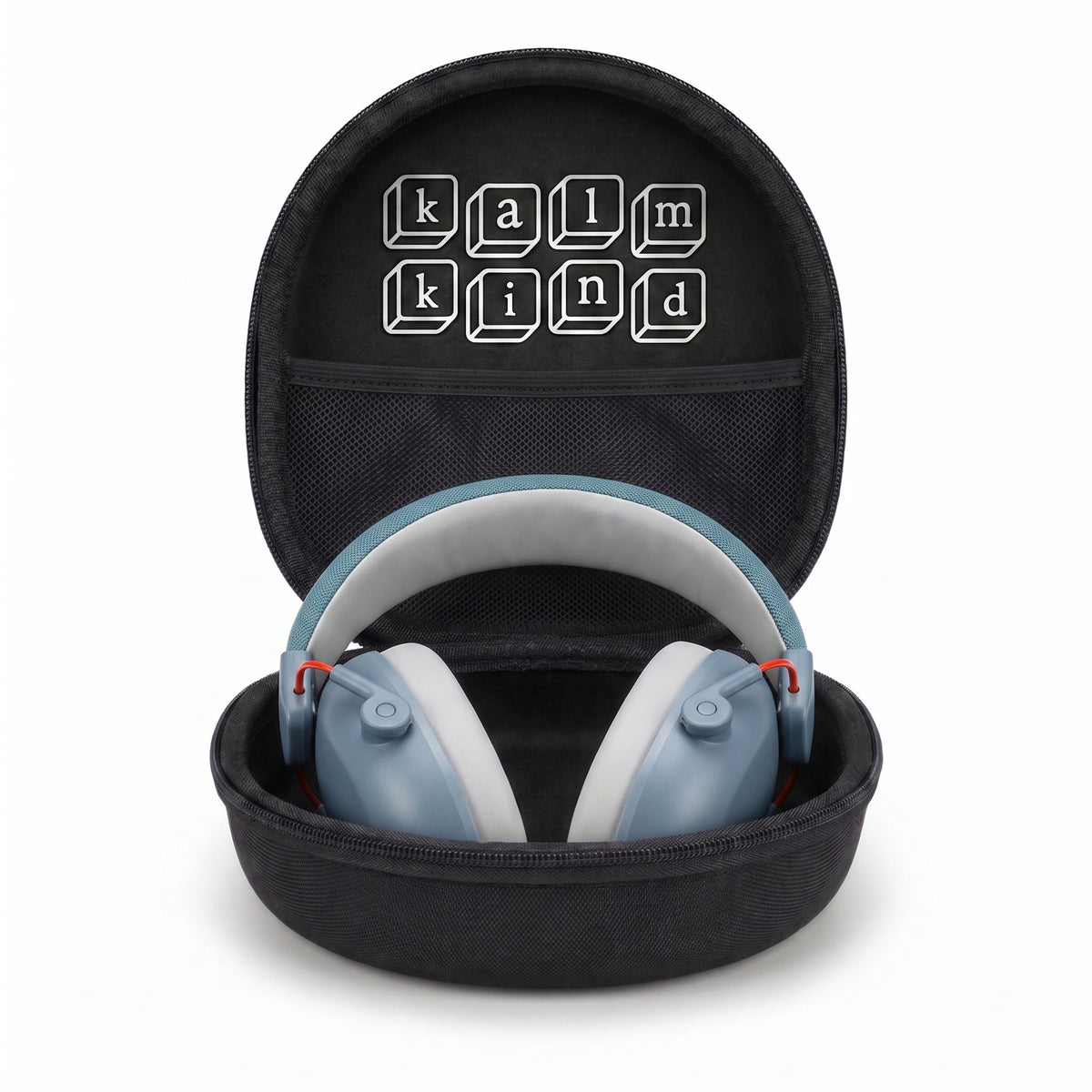 kalmkind ear defenders + carry case bundle, mist blue-grey colourway