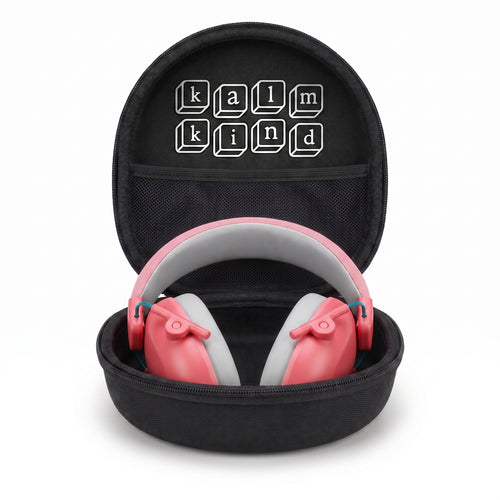 kalmkind ear defenders + carry case bundle, rose pink colourway