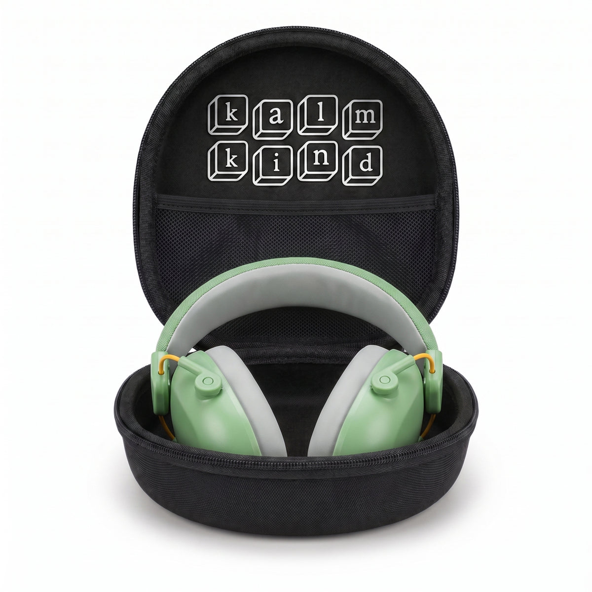 kalmkind ear defenders + carry case bundle, sage green colourway