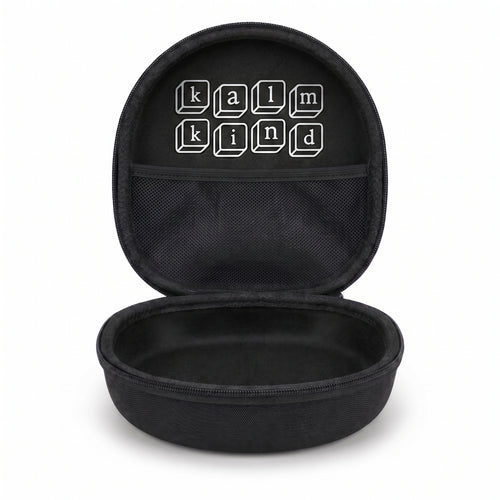 kalmkind ear defenders carry case, open and empty, showing the branded interior and mesh pocket