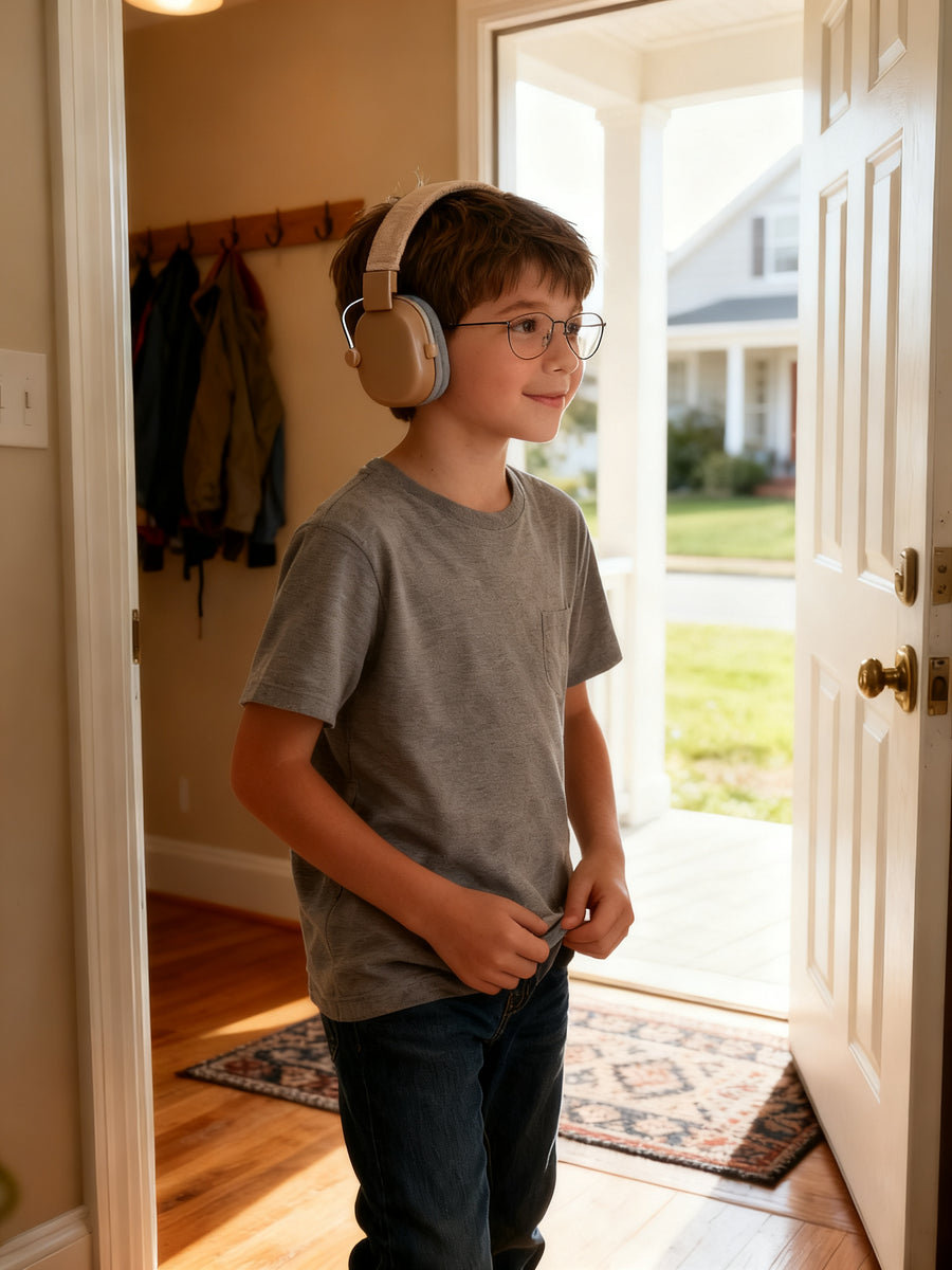 A nine year old in glasses wearing kalmkind ear defenders at the front door