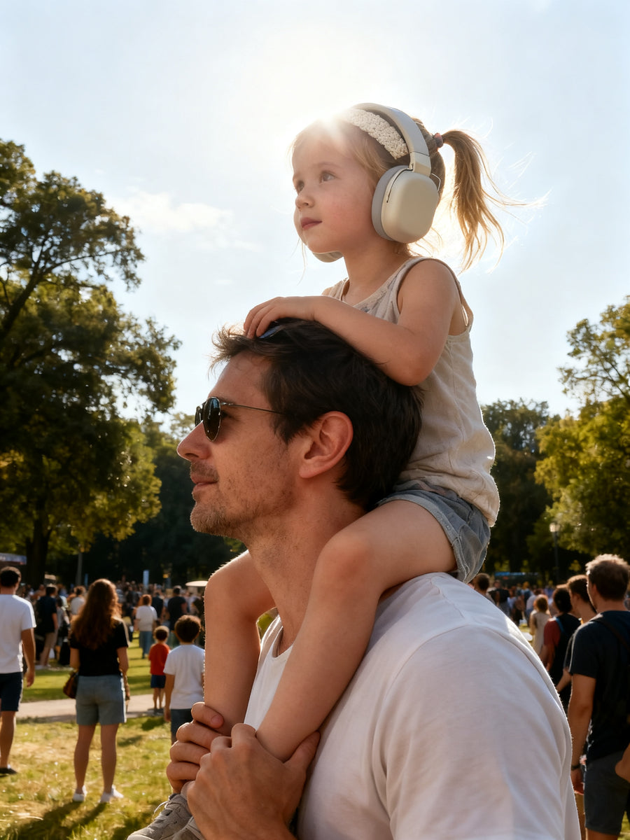A girl on her dad's shoulders at a parade wearing kalmkind ear defenders